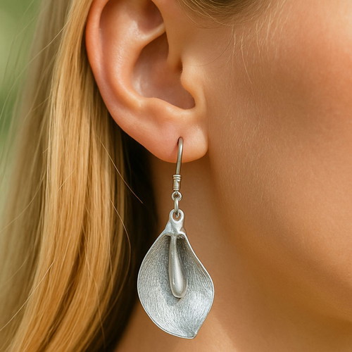 Calla flower women's earrings new, silver with textured embossed design