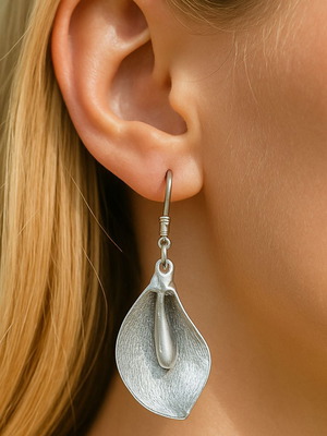 Calla flower women's earrings new, silver with textured embossed design