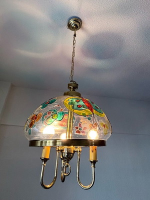 Vintage brass chandelier with colorful stained glass Tiffany style