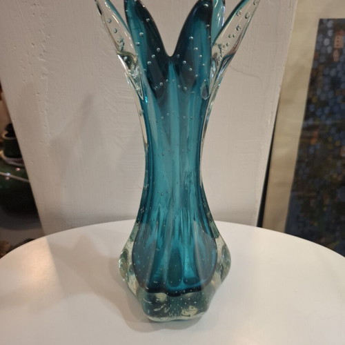 Teal Bubble Sommerso Seguso Murano glass vase used, 1970s Italy