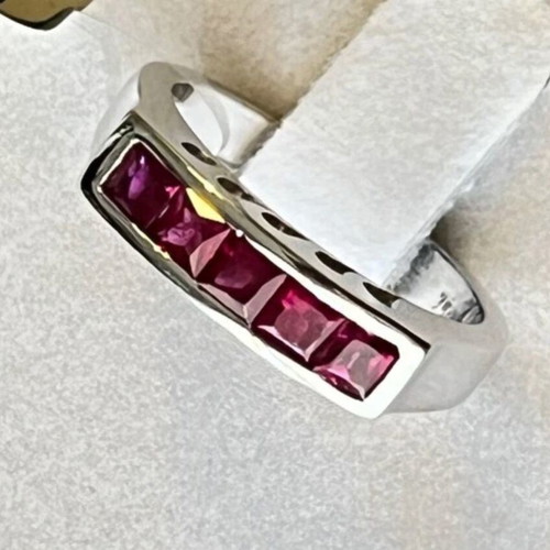 18K White Gold Half Band Ring with Princess Cut Rubies like new