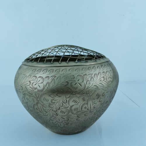 Brass flower vase used, carved with grid, 1960s vintage
