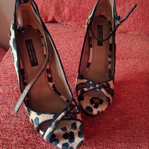 Zara peep toe sandals used, 12 cm heel, pony hair, size 39