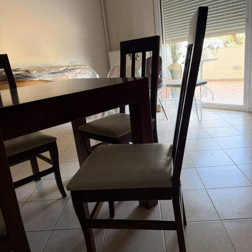 Wenge solid wood dining table with 6 chairs, light seat