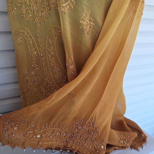 Blouse with Embroidery and Crystals New, Size M, Brown and Yellow