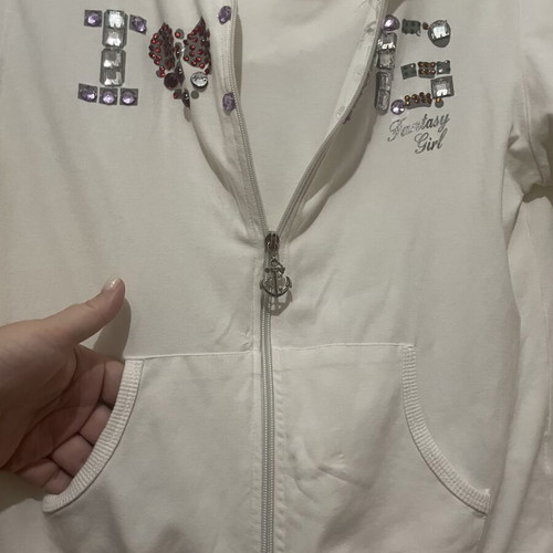 White cotton hoodie jacket with zipper and colorful beads print, like new
