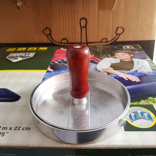 Burger patty mold new with aluminum base and wooden handle