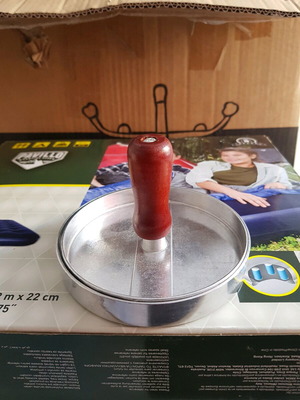 Burger patty mold new with aluminum base and wooden handle