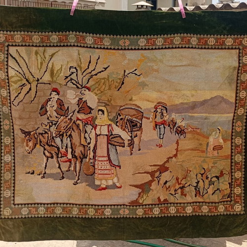 Folklore Handmade Wall Hanging used, embroidered canvas with velvet