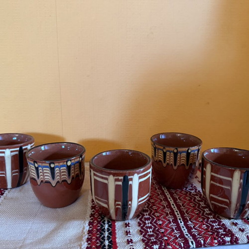 Traditional Clay Cups set of 15 vintage ceramic with glazed folk design