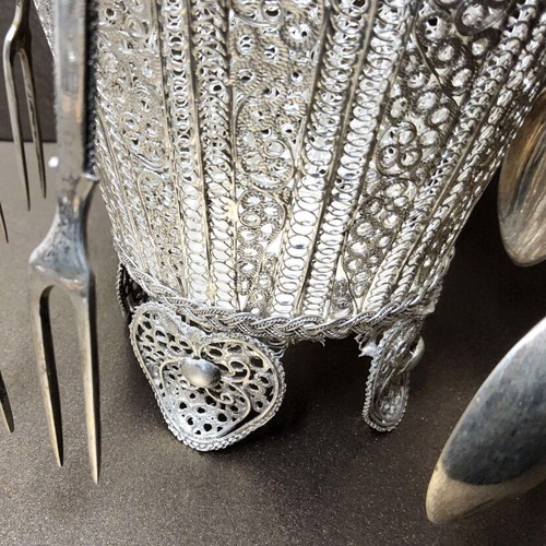Silver Filigree Sweet Container Set like new, with spoons and forks