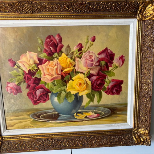 Oil painting on canvas used, colorful blooming roses