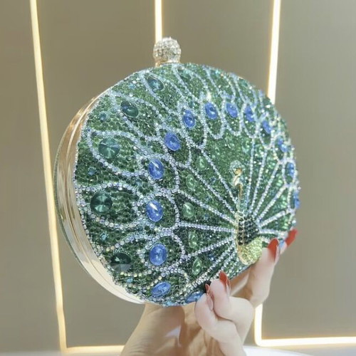 Rhinestone Peacock Evening Clutch with Green and Blue Crystals