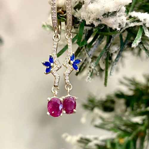Handmade silver earrings with natural ruby, sapphire and moissanite