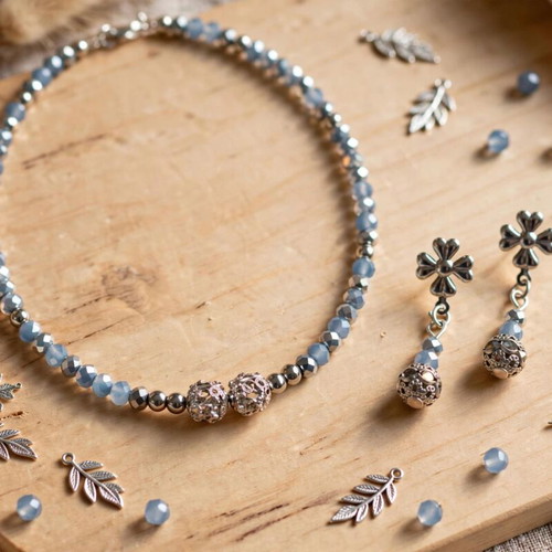 Handmade crystal beaded elegant jewelry set, new, gray and silver