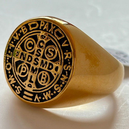 Saint Benedict Gold Signet Ring New, 316L Stainless Steel, US 12