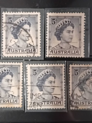 Australian Queen Elizabeth II Stamps used, 5d, set of 5