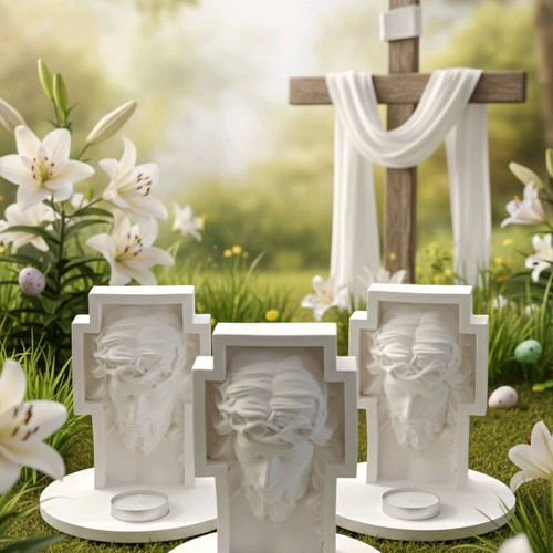Porcelain crucifix with base and tealight holder handmade white