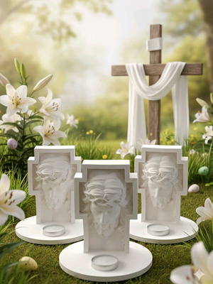 Porcelain crucifix with base and tealight holder handmade white