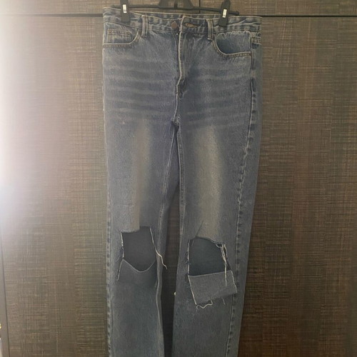 Jeans with rips like new, size L, gray and blue