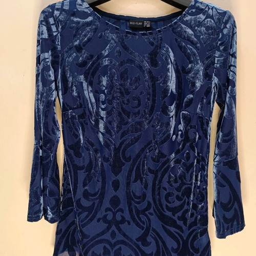 Bodyflirt Velvet Shirt Navy Blue Like New With Sheer Details And Pattern