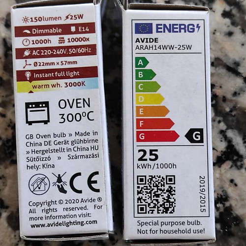 Incandescent oven light bulbs 25W E14 pack of 2 new