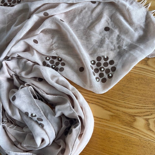 Large women's viscose scarf with pearls, beige and brown