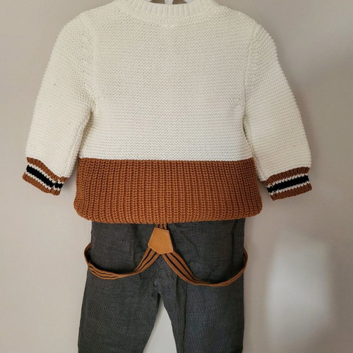 Orchestra baby set 6-9 months, knitted sweater and lined pants with suspenders