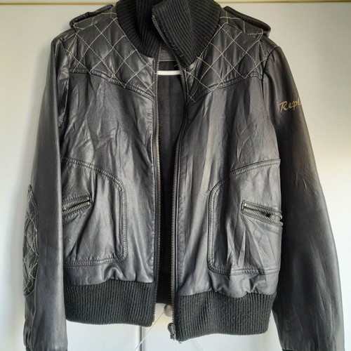 Bomber leather jacket Replay used, black, slim fit
