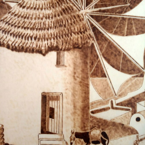 Mykonian Landscape pyrography painting new on linden wood
