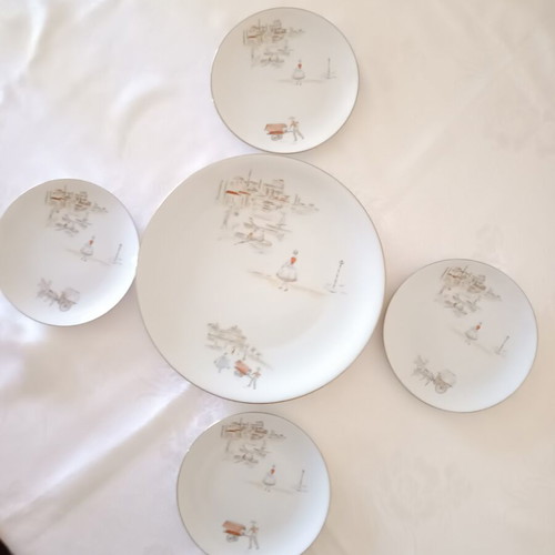 Vintage Winterling Bavaria porcelain dessert set like new, platter & 4 plates