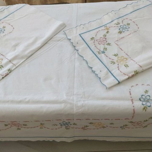 Handmade Double Bed Sheet Set with Pillowcases, Floral Embroidery, Like New