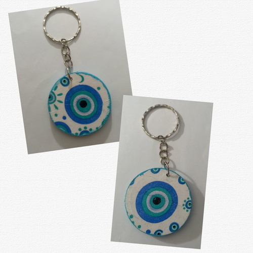 Keychain with Wooden Evil Eye Turquoise New