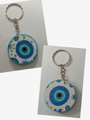 Keychain with Wooden Evil Eye Turquoise New