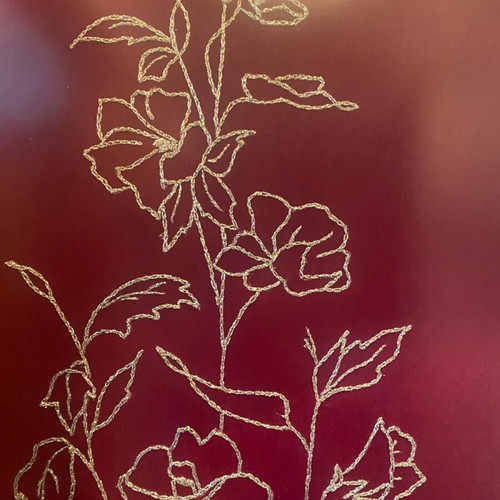 Embroidered painting like new with gold thread on red fabric