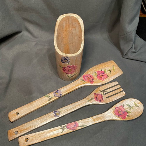 Wooden vintage hand-painted spoon and fork set like new