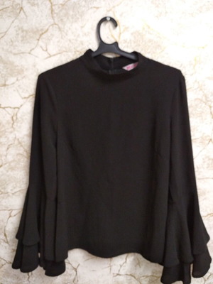 Elegant black blouse with tiered bell sleeves, XS-S