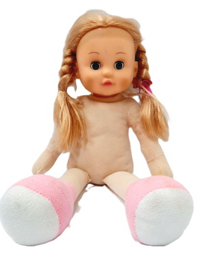 Vintage cloth doll with rubber head, used, sleeping eyes, blonde braids