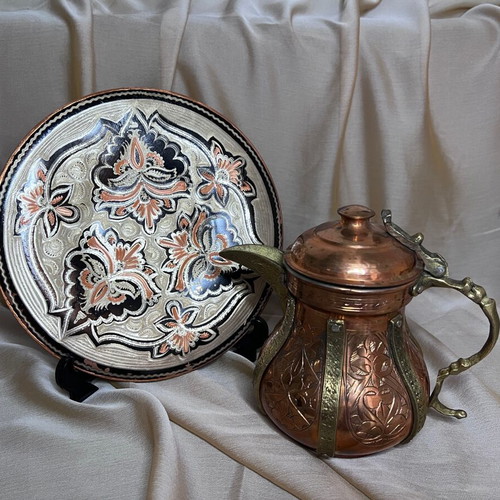 Vintage Copper Decorative Set with Plate and Jug Like New