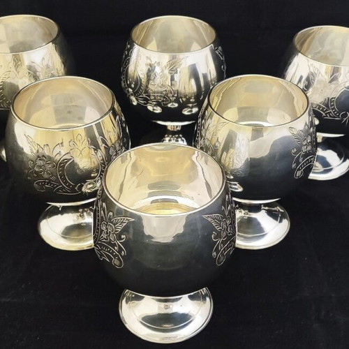 Brandy Goblets vintage set of 6 with handmade floral engravings EPNS
