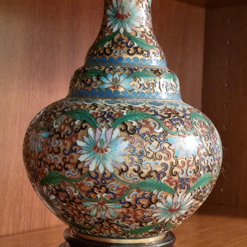 Chinese Cloisonné vase with wooden base