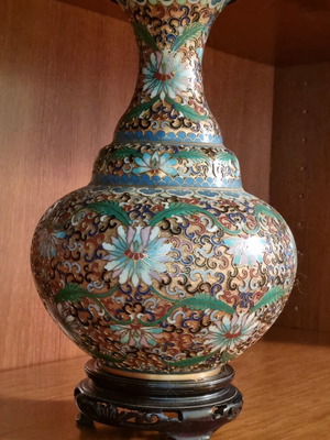 Chinese Cloisonné vase with wooden base