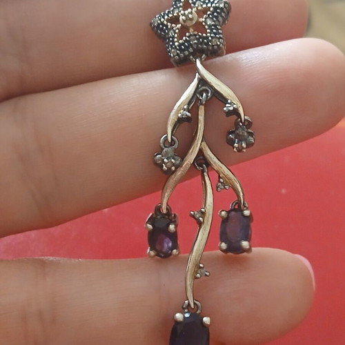 925 Silver and 9k Gold Earrings with Tanzanite and Old-Cut Diamonds, 7 cm