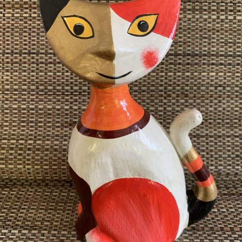 Decorative wooden cat figurine, new, 20 cm tall, hand-painted with gold leaf details