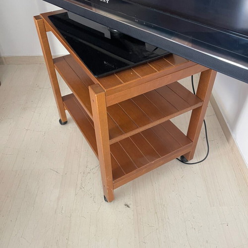 Rolling TV stand used, 60 cm width x 40 cm depth, three shelves