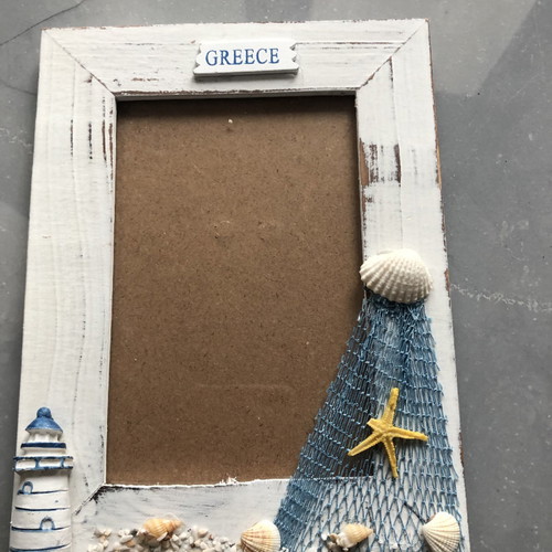 Wooden Greece frame with lighthouse new, 10x15 cm