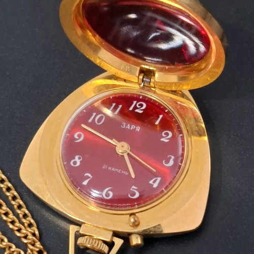 Vintage Russian necklace watch with ruby red faceted stone triangle like new