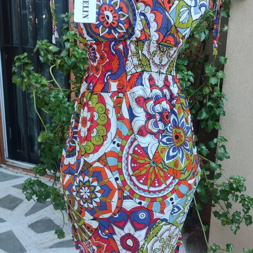 Dress short-sleeved with colorful pattern, new, size S/M