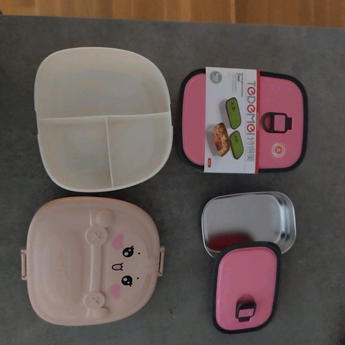 Food containers 2 stainless steel and one plastic with divider new, pink