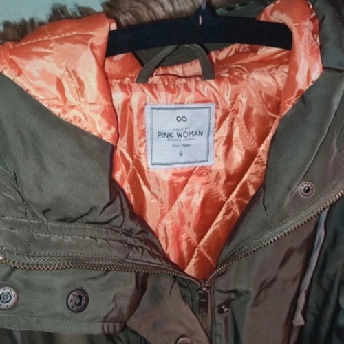 Pink Woman jacket used, khaki with orange lining and removable fur hood